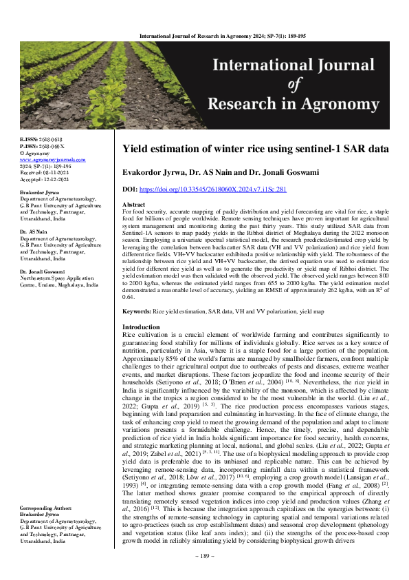(PDF) Yield estimation of winter rice using sentinel-1 SAR data