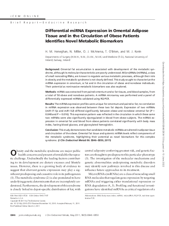 (PDF) Differential miRNA Expression in Omental Adipose Tissue and in ...