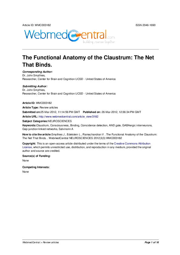 (PDF) The functional anatomy of the claustrum: the net that binds