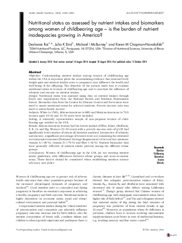 (PDF) Nutritional status as assessed by nutrient intakes and biomarkers ...