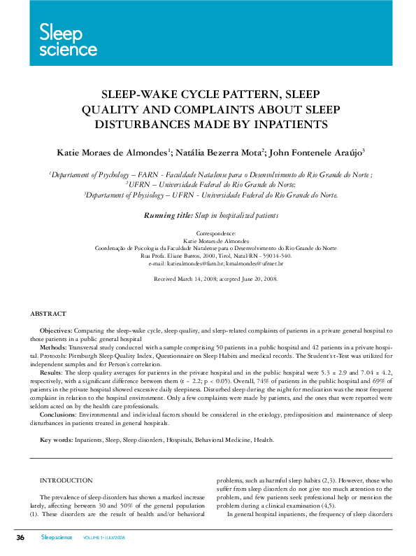 (PDF) Sleep-wake cycle pattern, Sleep quality and complaintS about ...