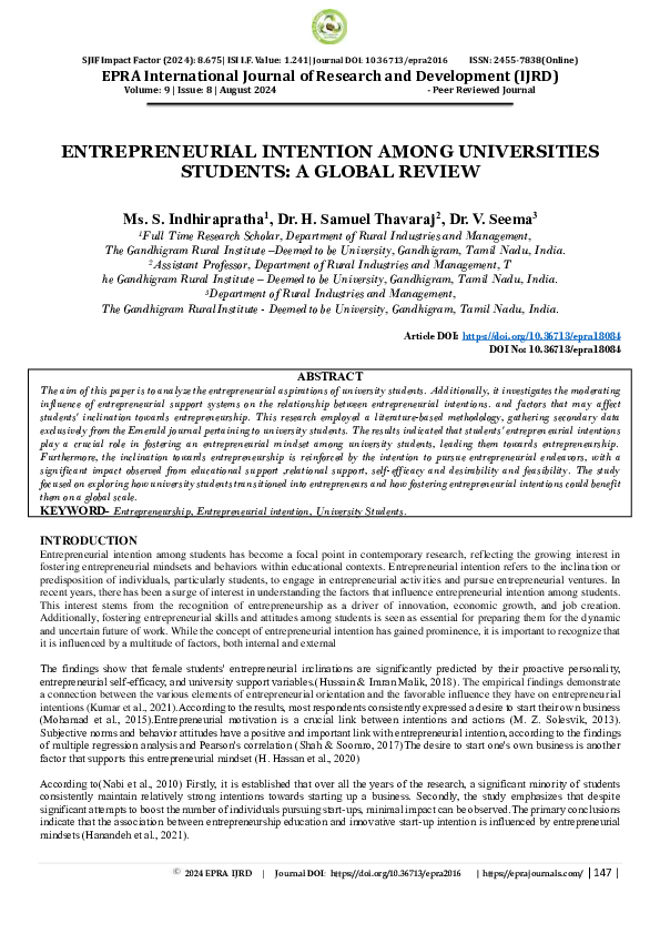 (PDF) ENTREPRENEURIAL INTENTION AMONG UNIVERSITIES STUDENTS: A GLOBAL ...