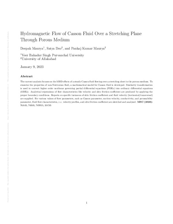 (PDF) Hydromagnetic Flow of Casson Fluid Over a Stretching Plane ...