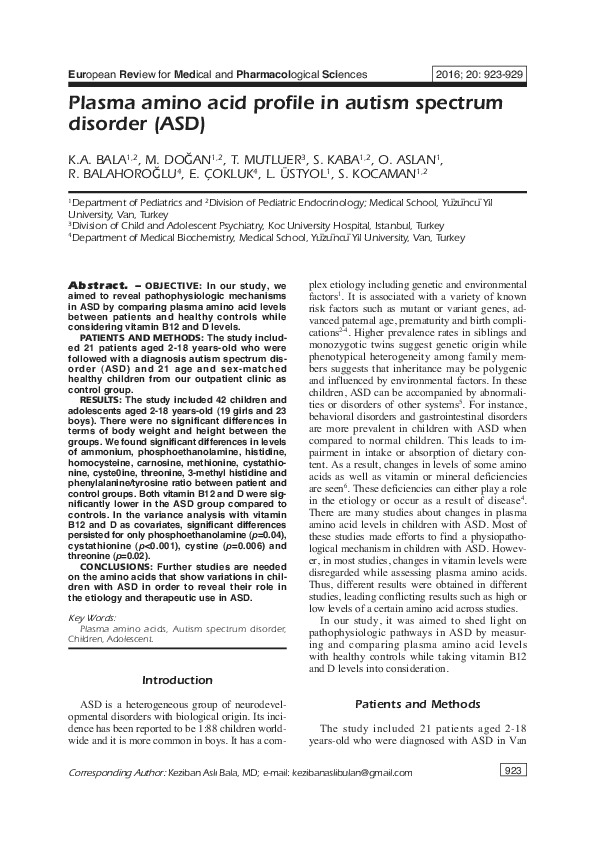 (PDF) Plasma amino acid profile in autism spectrum disorder (ASD)