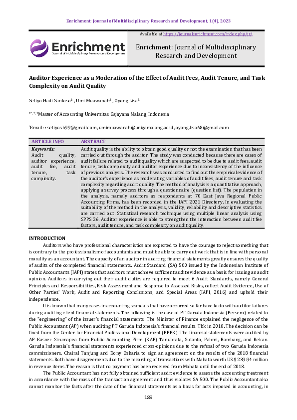 (PDF) Auditor Experience as a Moderation of the Effect of Audit Fees ...