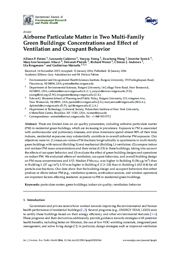 (PDF) Airborne Particulate Matter in Two Multi-Family Green Buildings ...