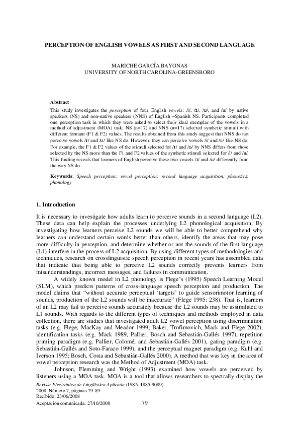 (PDF) Perception of english vowels as first and second language