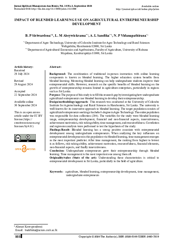 (PDF) IMPACT OF BLENDED LEARNING USE ON AGRICULTURAL ENTREPRENEURSHIP ...