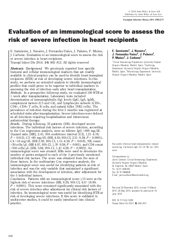 (PDF) Immunological Score for Assessing Infection Risk in Heart Recipients