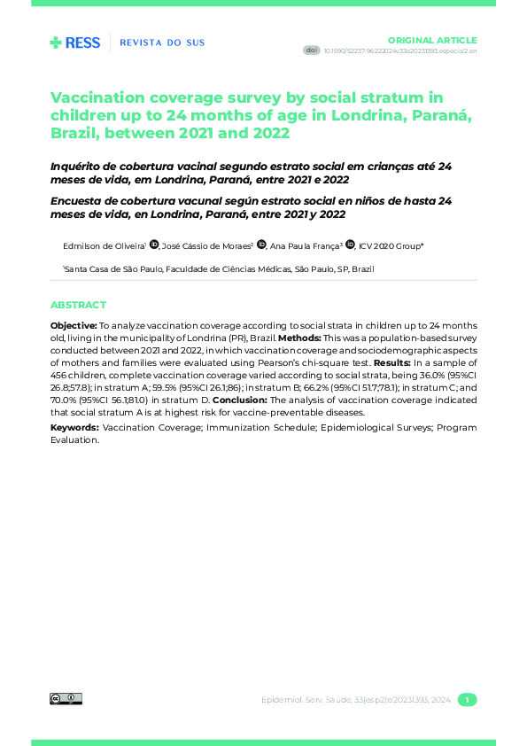 (PDF) Vaccination coverage survey by social stratum in children up to ...