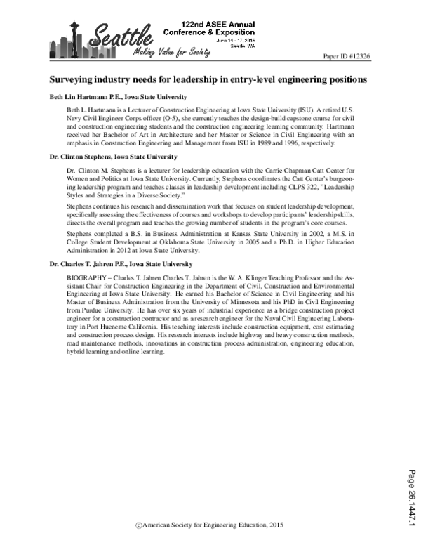 (PDF) Surveying Industry Needs for Leadership in Entrylevel