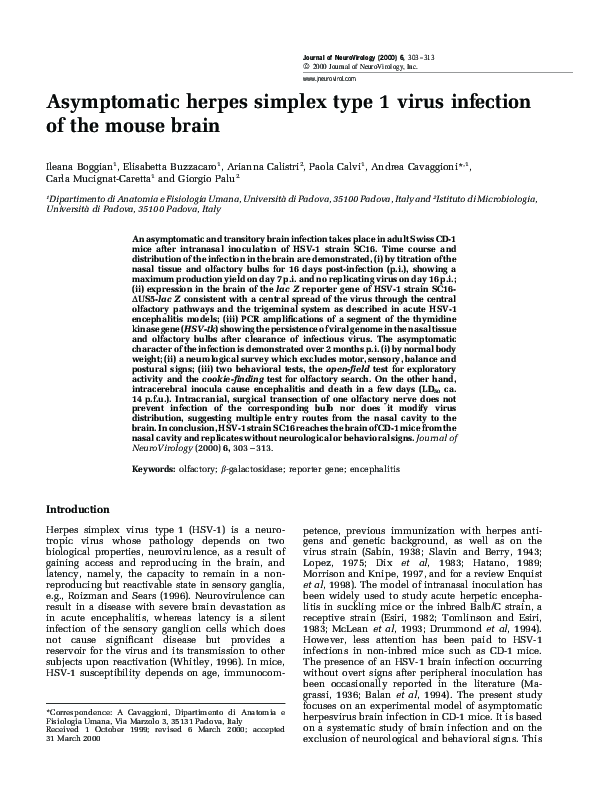 (PDF) Asymptomatic herpes simplex type 1 virus infection of the mouse brain