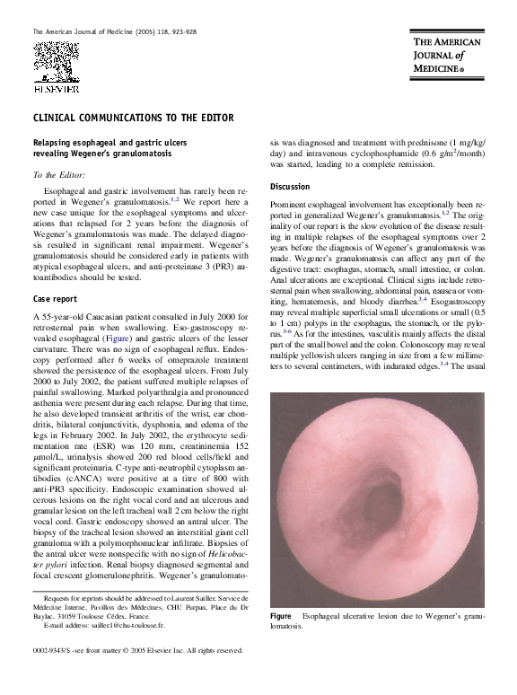 (PDF) Relapsing esophageal and gastric ulcers revealing Wegener’s ...