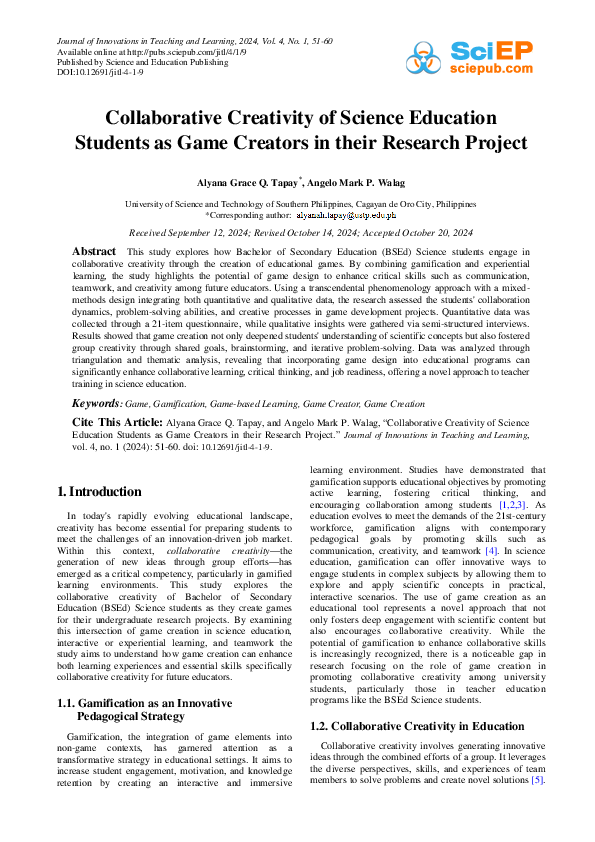(PDF) Collaborative Creativity of Science Education Students as Game ...