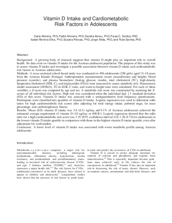 (PDF) Vitamin D Intake and Cardiometabolic Risk Factors in Adolescents