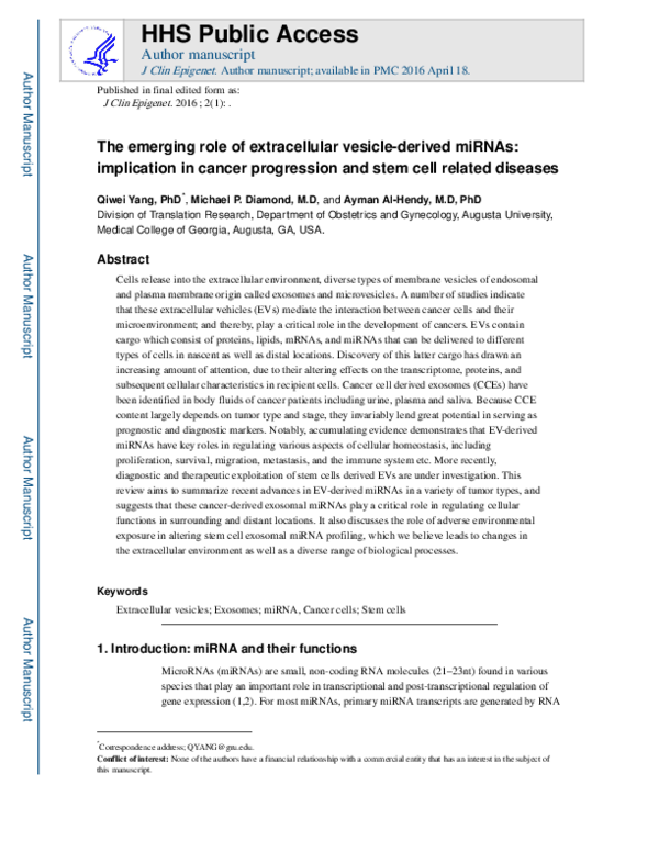 (PDF) The emerging role of extracellular vesicle-derived miRNAs ...