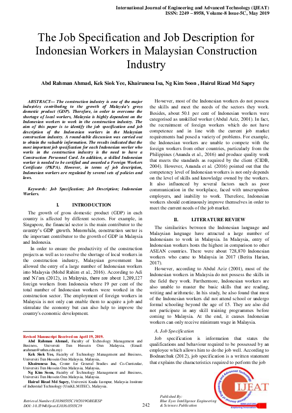 (PDF) The Job Specification and Job Description for Indonesian Workers ...