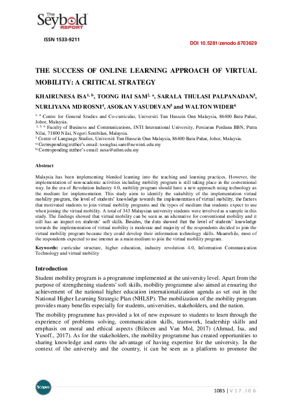 (PDF) The Success of Online Learning Approach of Virtual Mobility: A ...