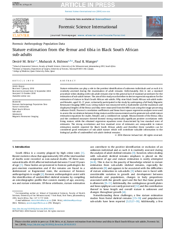 (PDF) Stature estimation from the femur and tibia in Black South