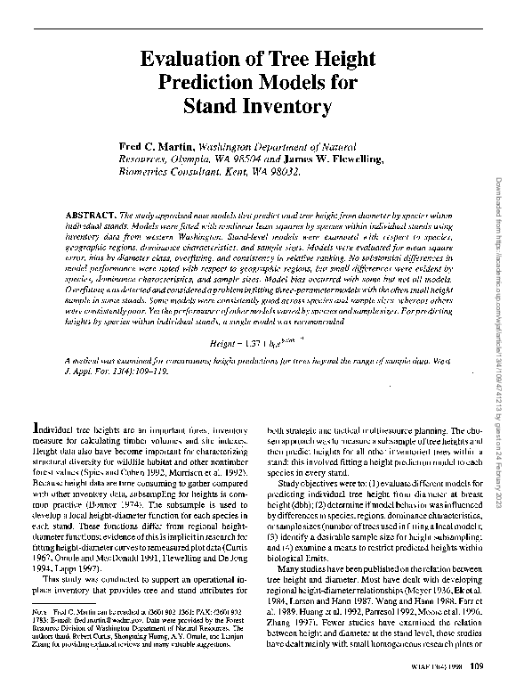 (PDF) Evaluation of Tree Height Prediction Models for Stand Inventory