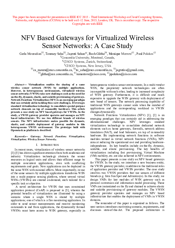 (PDF) NFV based gateways for virtualized wireless sensor networks: A ...