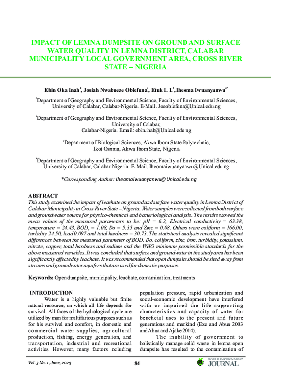 (PDF) IMPACT OF LEMNA DUMPSITE ON GROUND AND SURFACE WATER QUALITY IN ...