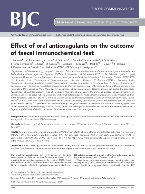 (PDF) Effect of oral anticoagulants on the outcome of faecal ...
