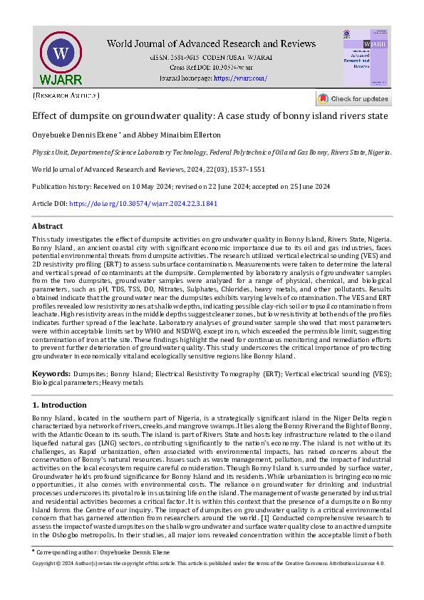 (PDF) Effect of dumpsite on groundwater quality: A case study of bonny ...