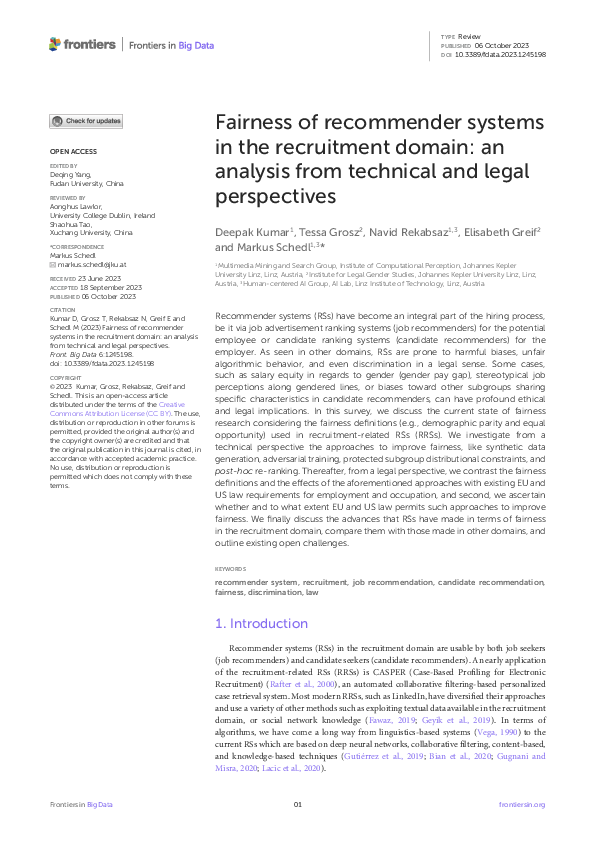 (PDF) Fairness of recommender systems in the recruitment domain: an ...