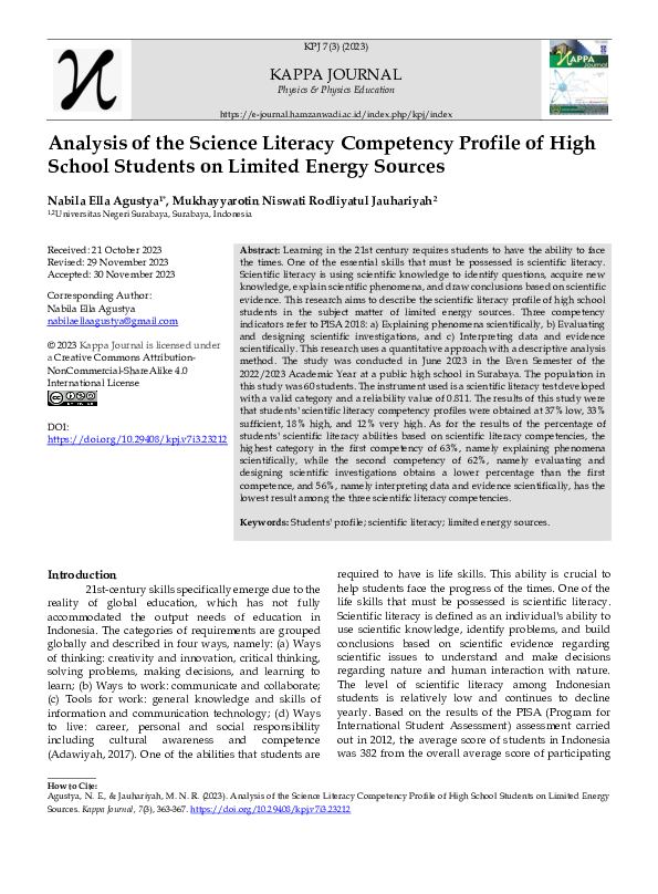 (PDF) Analysis of the Science Literacy Competency Profile of High ...