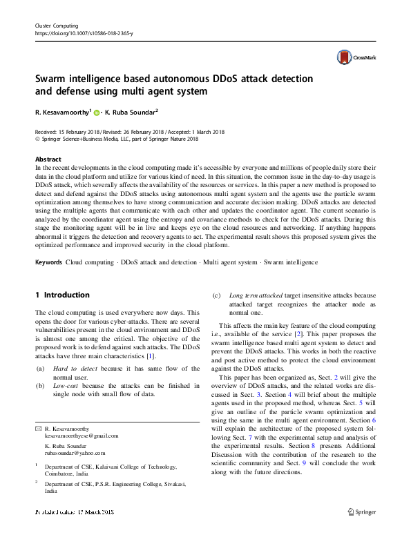 (PDF) Swarm intelligence based autonomous DDoS attack detection and ...