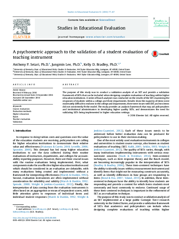 (PDF) A psychometric approach to the validation of a student evaluation ...
