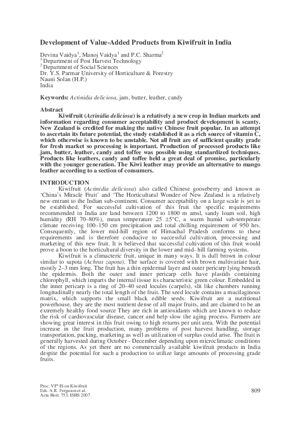 (PDF) Development of Value-Added Products from Kiwifruit in India