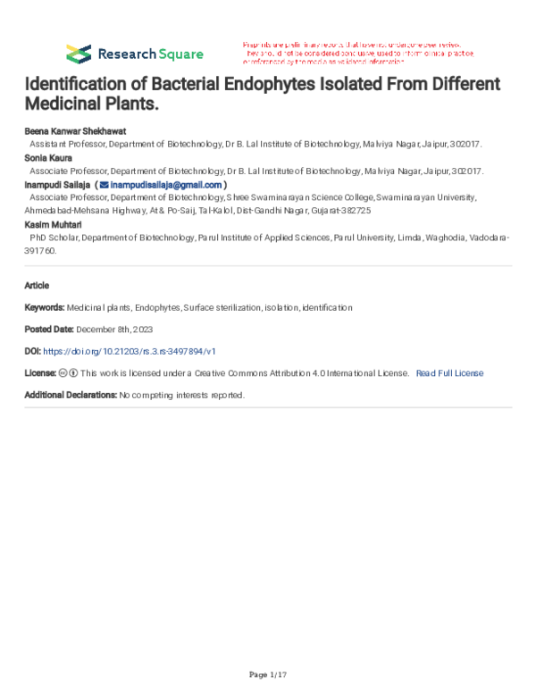 (PDF) Identification of Bacterial Endophytes Isolated From Different ...