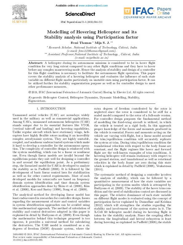 (PDF) Modelling of Hovering Helicopter and its Stability analysis using ...