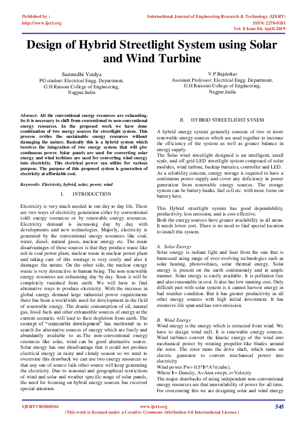 (PDF) Design of Hybrid Streetlight System using Solar and Wind Turbine
