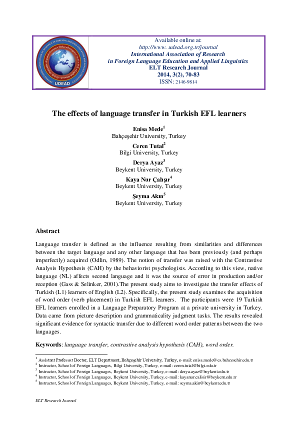 (PDF) The effects of language transfer in Turkish EFL learners