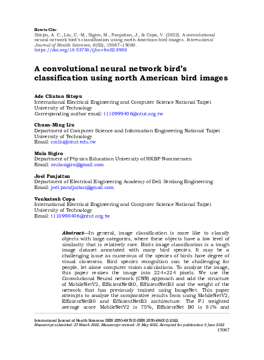 (PDF) convolutional neural network bird’s classification using north ...
