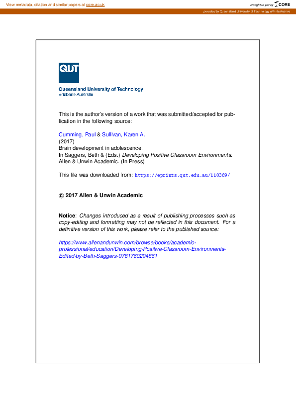 (PDF) Brain development in adolescence