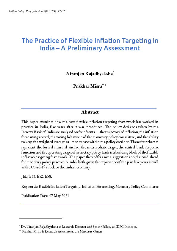 (PDF) The Practice of Flexible Inflation Targeting in India – A ...