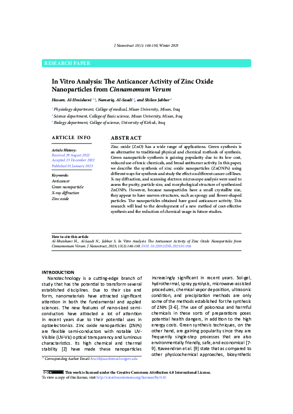 (PDF) In Vitro Analysis: The Anticancer Activity of Zinc Oxide ...