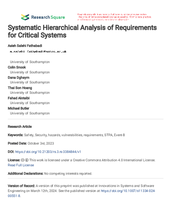 (PDF) Systematic Hierarchical Analysis of Requirements for Critical Systems