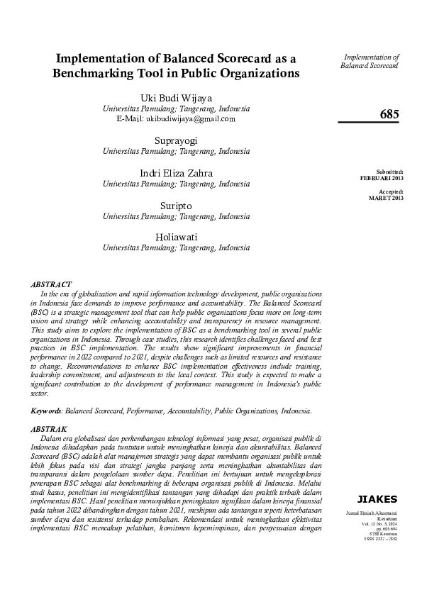(PDF) Implementation of Balanced Scorecard as a Benchmarking Tool in ...
