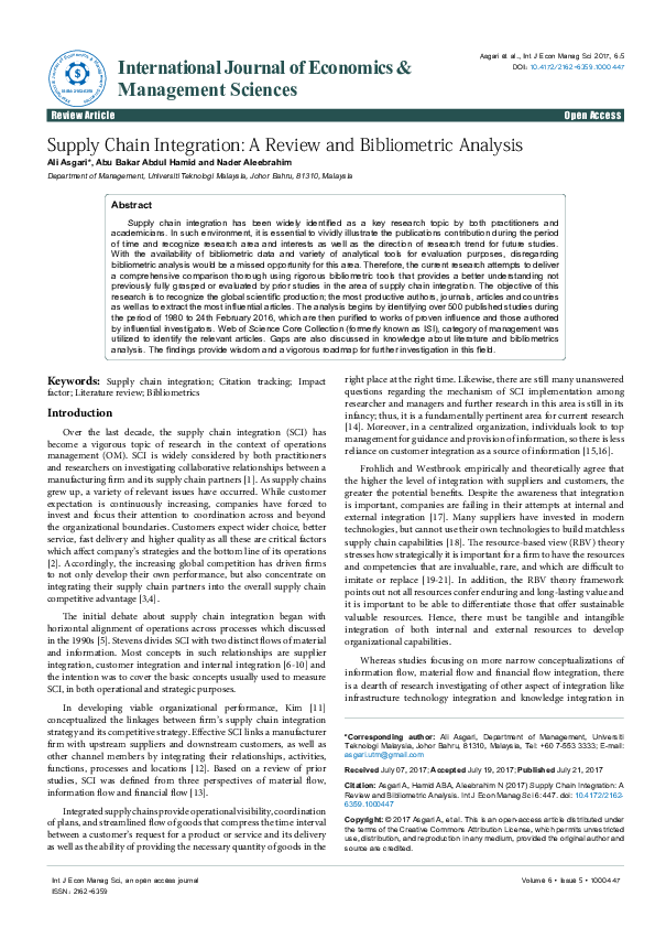 (PDF) Supply Chain Integration: A Review and Bibliometric Analysis