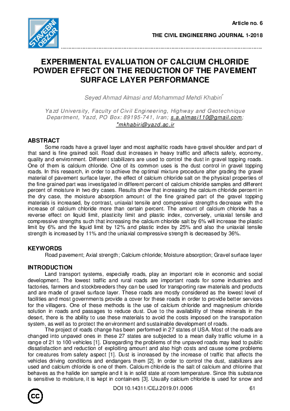 (PDF) Experimental Evaluation of Calcium Chloride Powder Effect on the ...