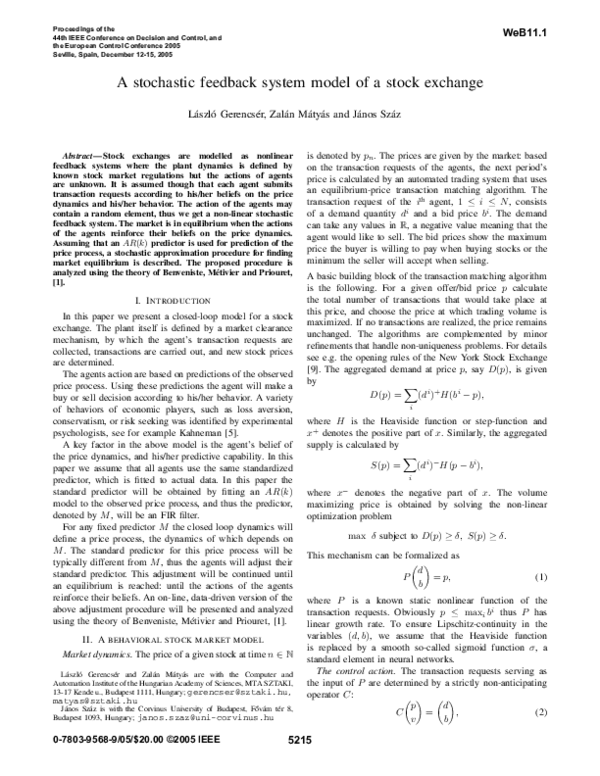 (PDF) A stochastic feedback system model of a stock exchange