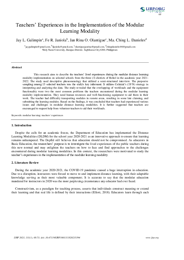 (PDF) Teachers’ Experiences in the Implementation of the Modular ...