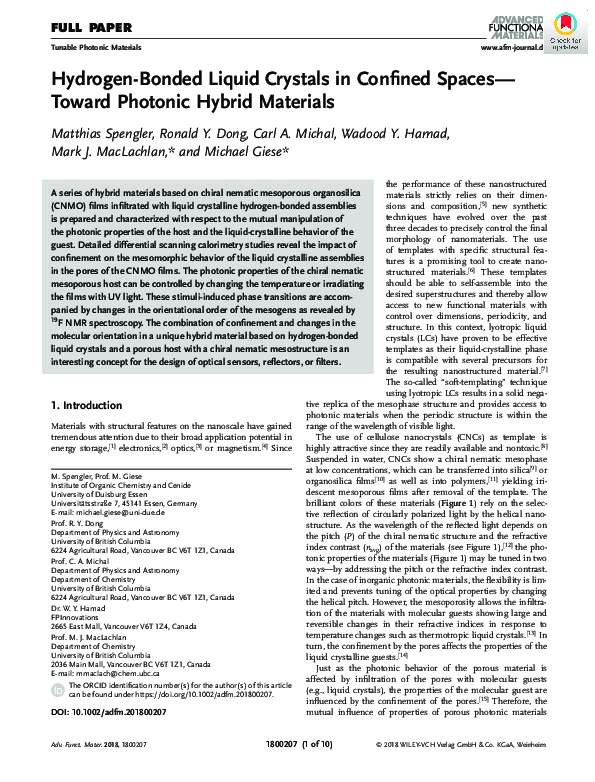 (PDF) Hydrogen-Bonded Liquid Crystals in Confined Spaces-Toward ...