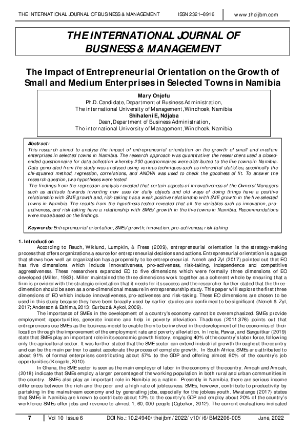 (PDF) The Impact of Entrepreneurial Orientation on the Growth of Small ...