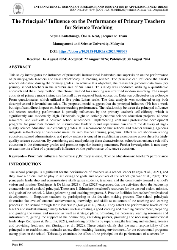 (PDF) The Principals' Influence on the Performance of Primary Teachers ...